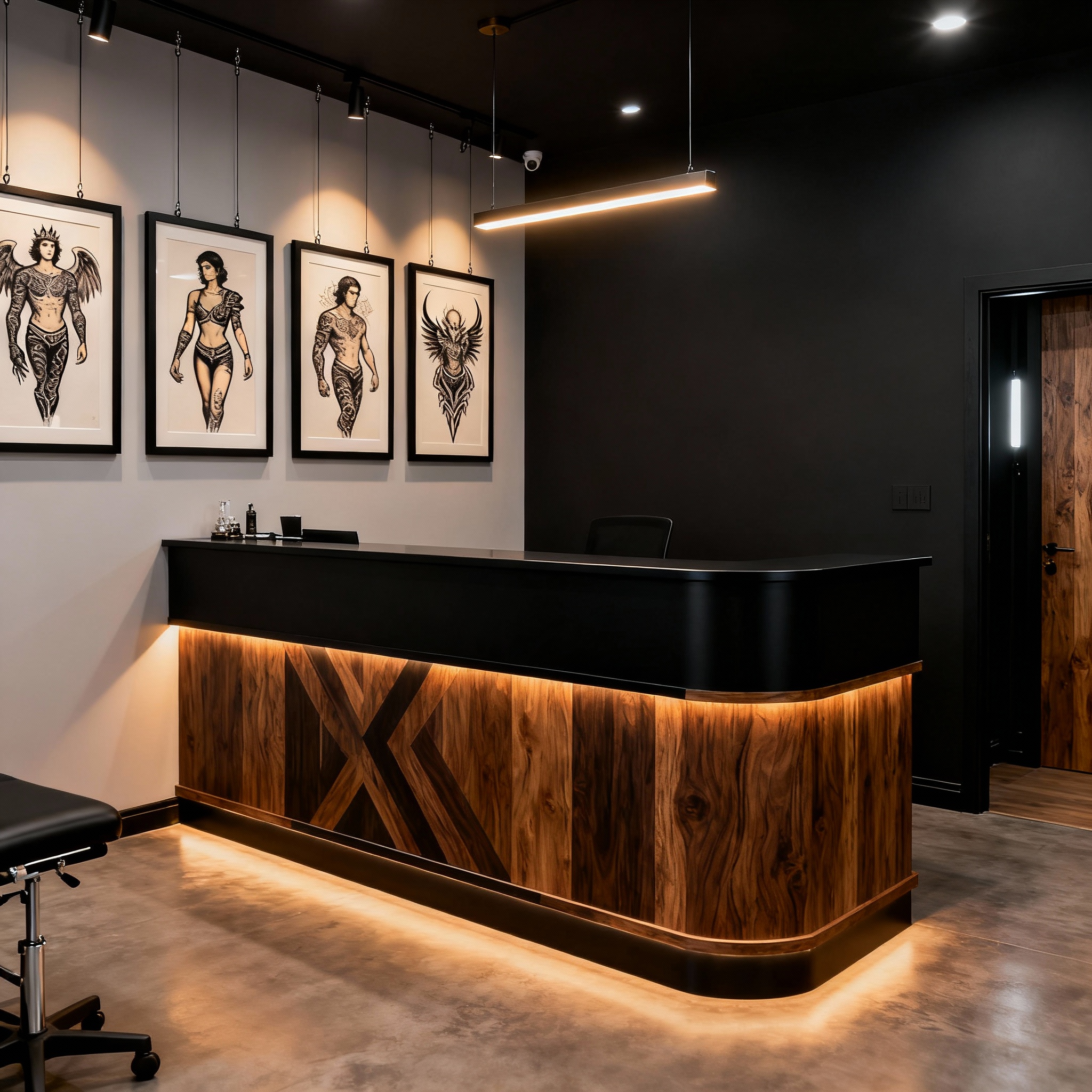 Mostrador de recepción de Ink Legacy con decoración moderna y ambiente profesional